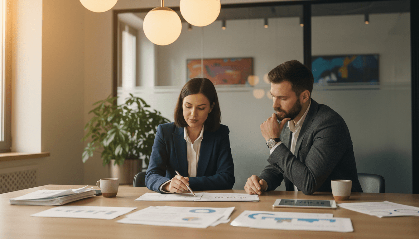 Two professionals reviewing documents during a strategic business meeting in a modern office