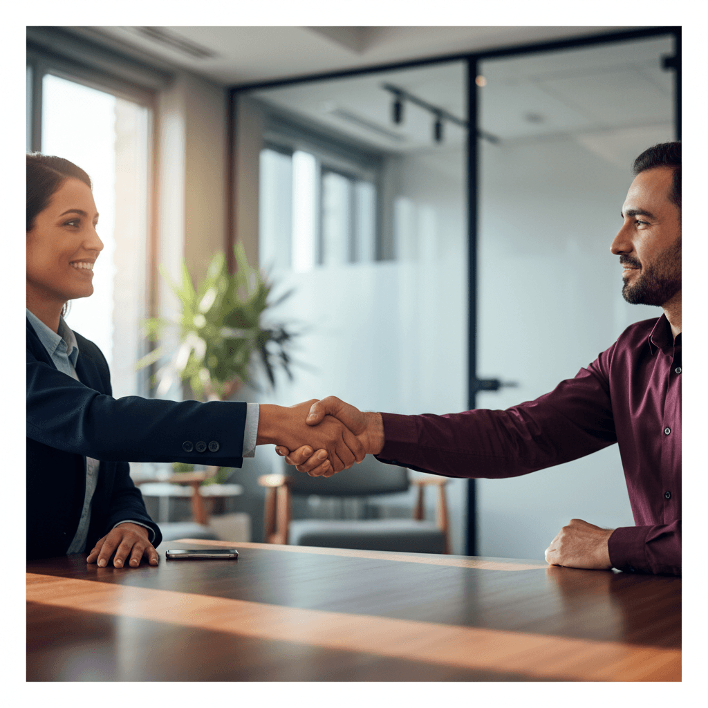 Two professionals shaking hands in a contemporary business setting