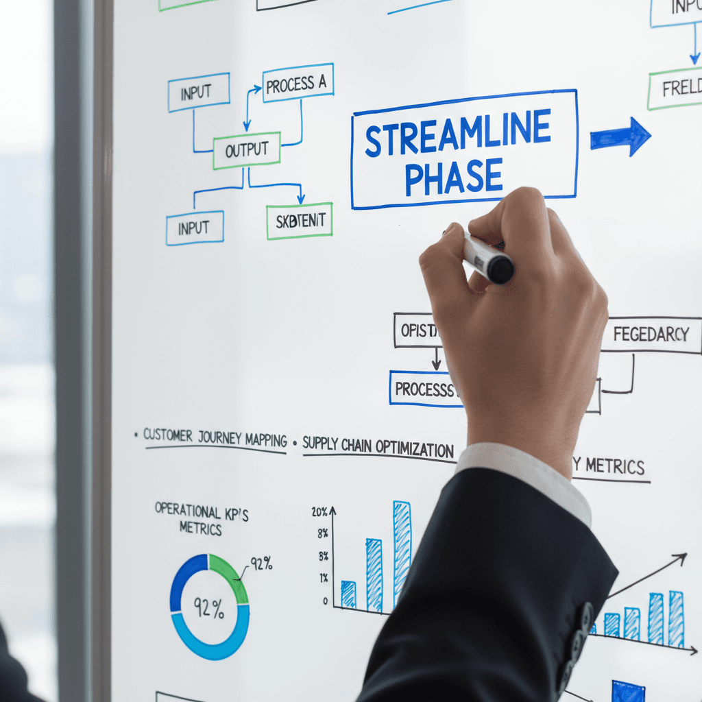 Hand sketching strategy flow diagram on whiteboard with markers