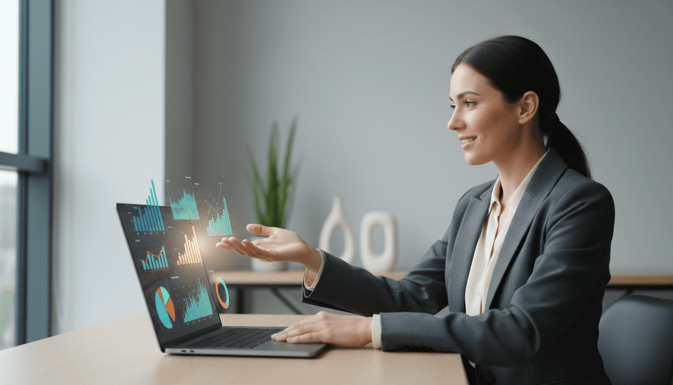 Professional reviewing analytics dashboard on laptop in bright office with charts visible