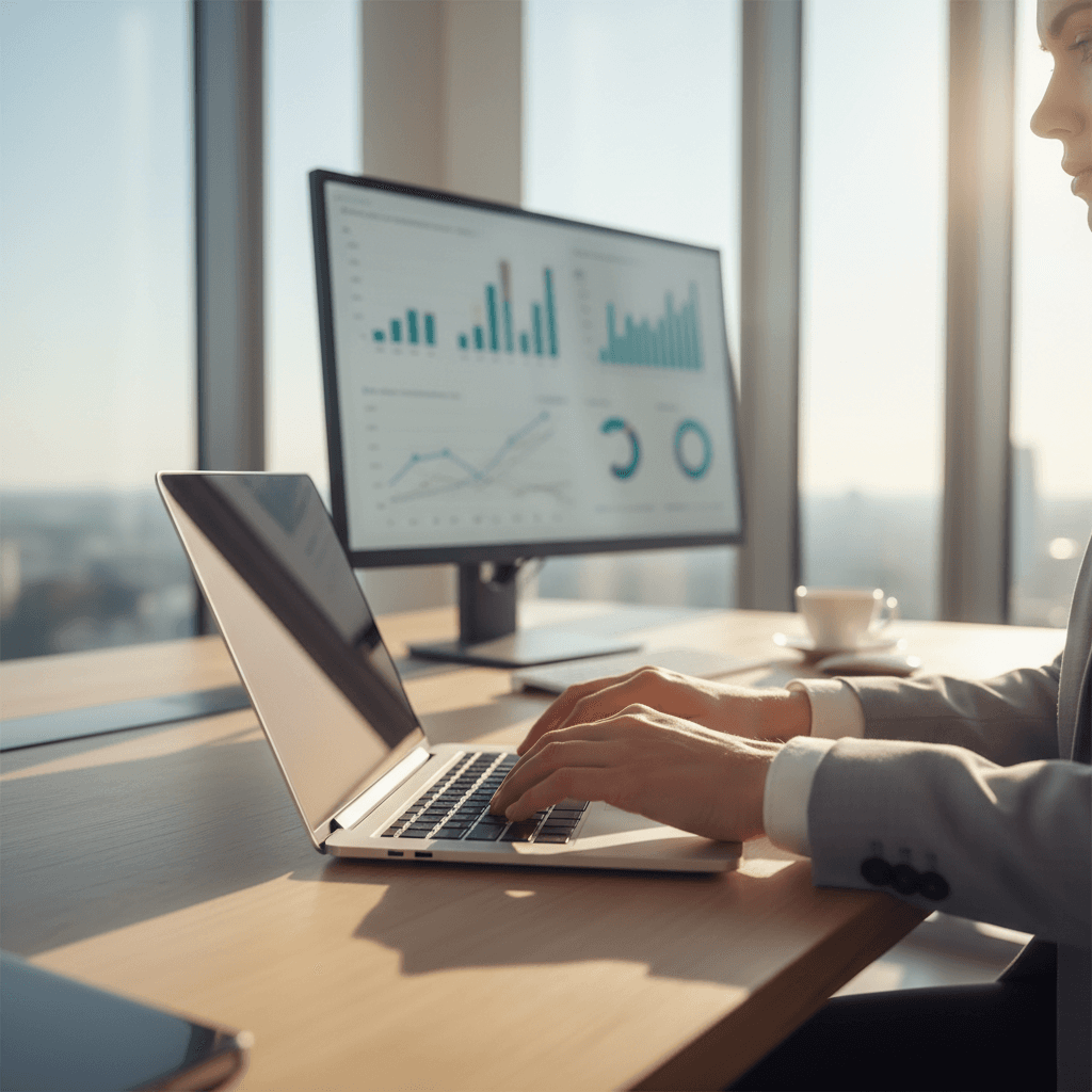 Business executive working on laptop in bright modern office