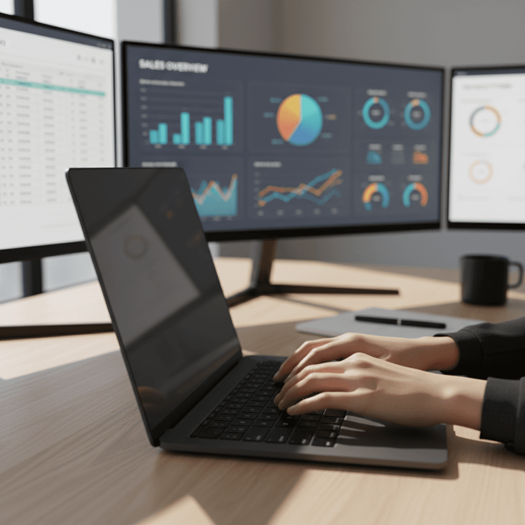 Executive analyzing data on a screen in a modern office