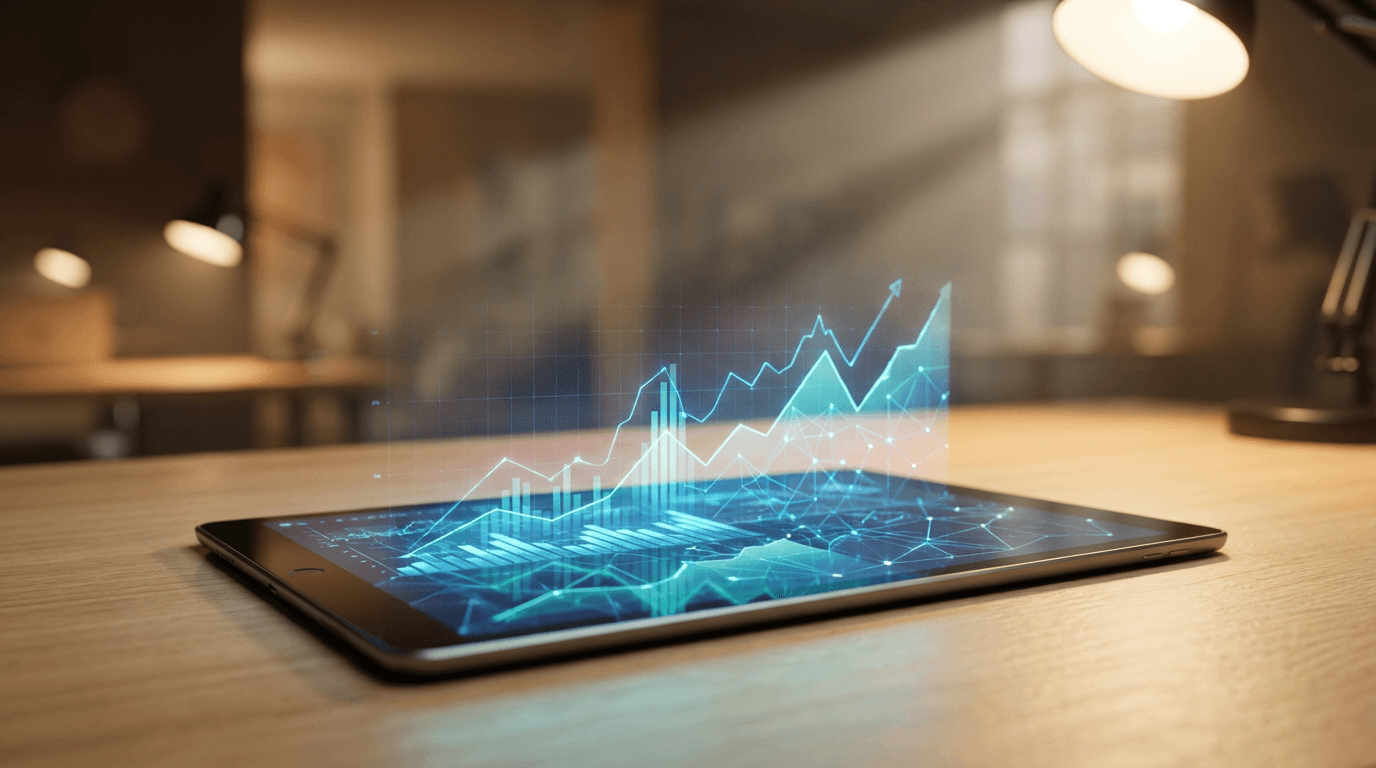 Close up of growth chart on tablet with financial reports in background