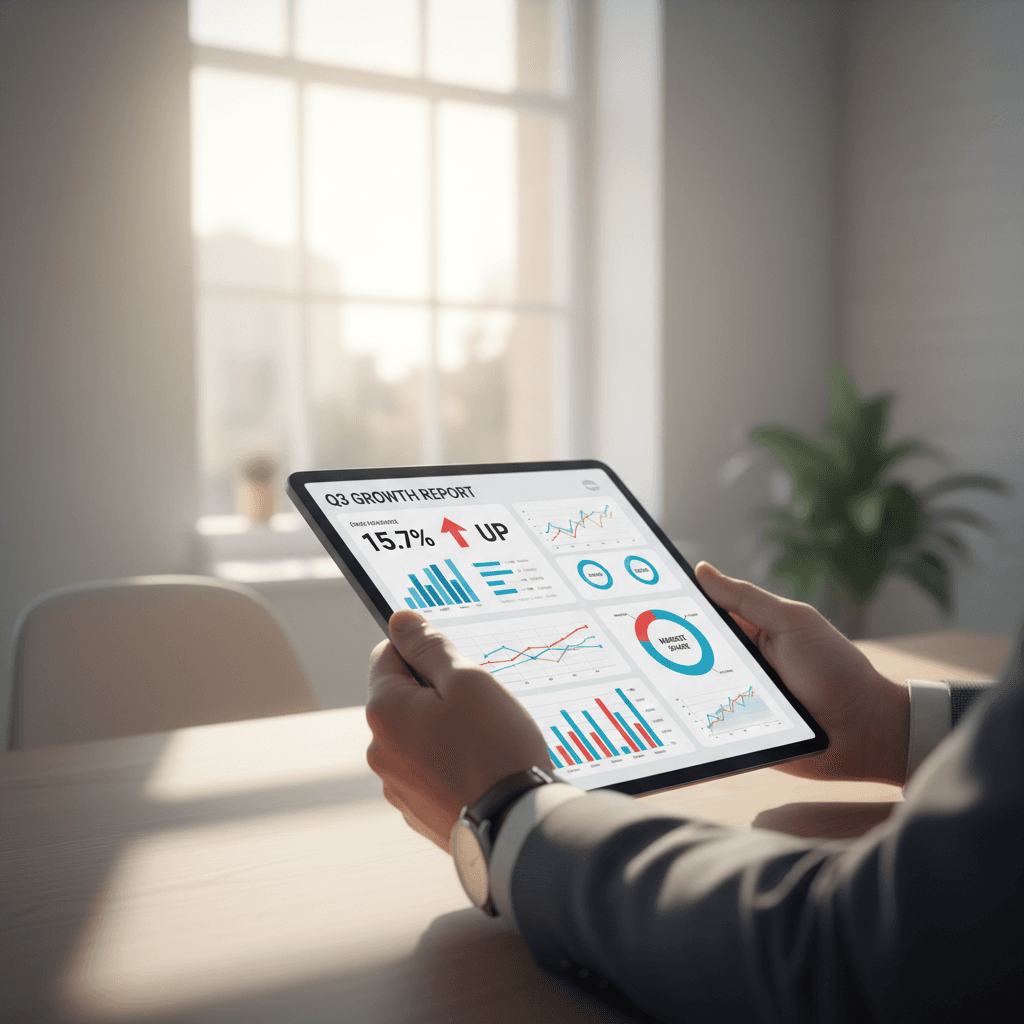 Professional executive in modern office reviewing analytics on tablet with confident expression