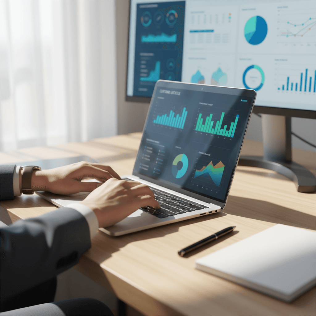 Professional software executive analyzing data on laptop in modern bright office