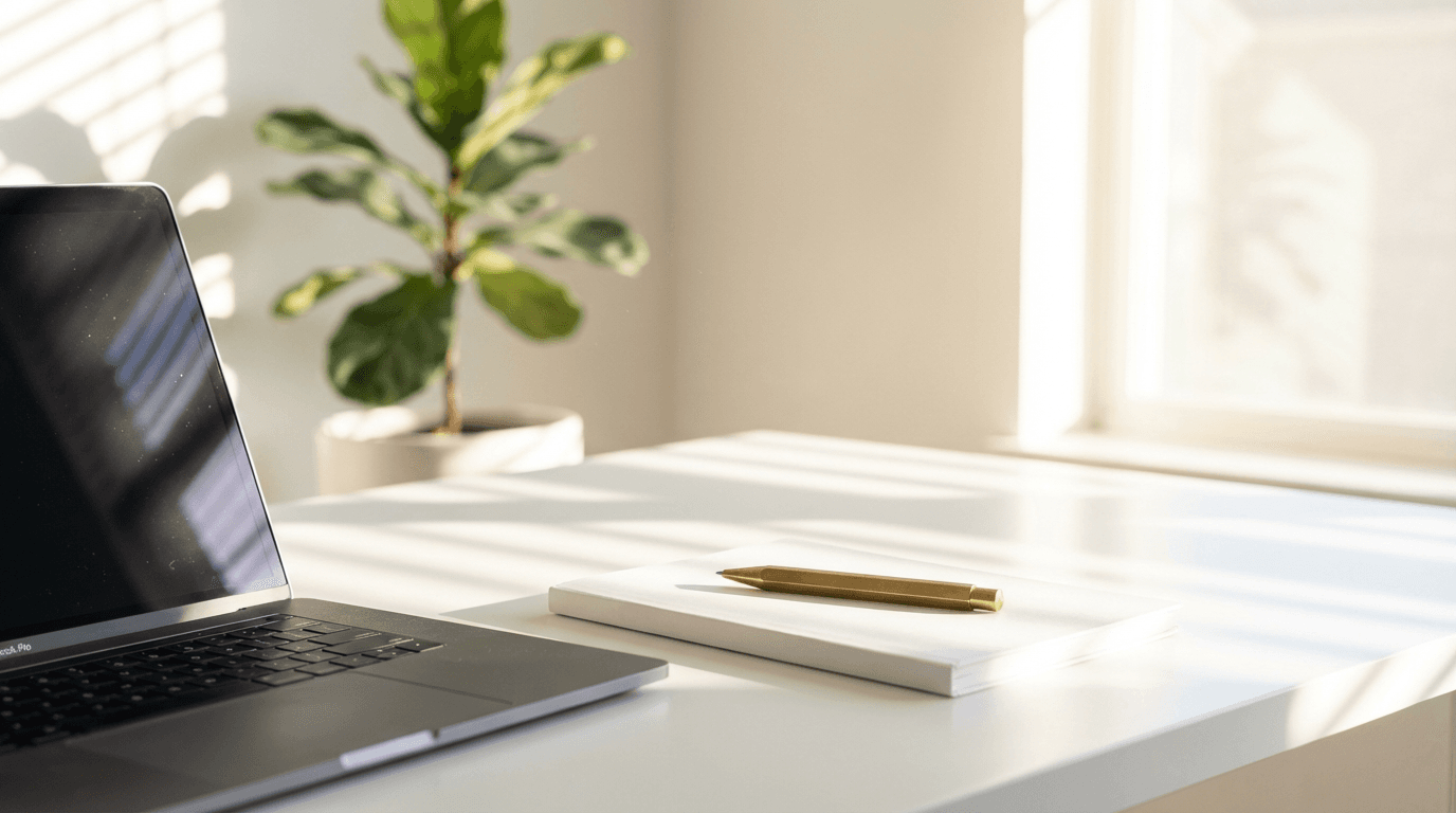 Clean desk with laptop and notebook in a bright modern office